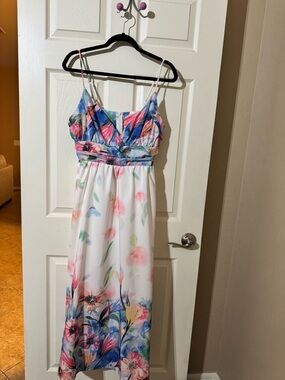 Source Unknown White Floral Maxi Dress with Blue and Pink Accents